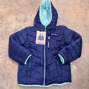 Eddie Bauer Youth Deer Harbor Puffer reversible jacket Blue Girls XS 5/6 NWT